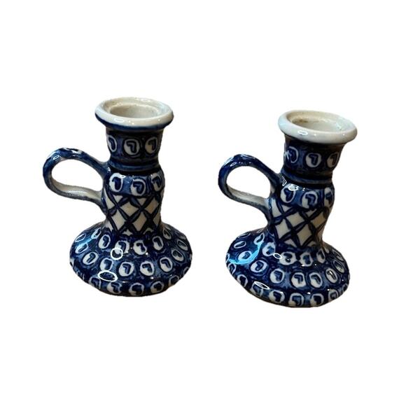 Candlestick Pair Candle Holder Chamber-stick Blue Finger Ring Polish Pottery? - Picture 1 of 7